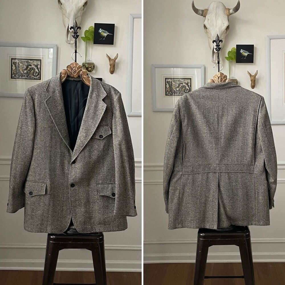 Vintage 70s Sears Men’s Shop Herringbone Tweed Sport Coat Union Made 46L
